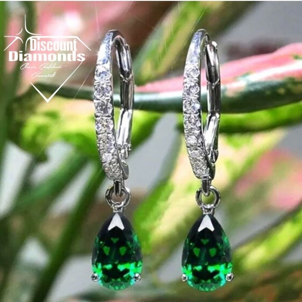 Green Tear Drop Emerald Earrings with White Baguette Diamonds 925  Silver Hoop